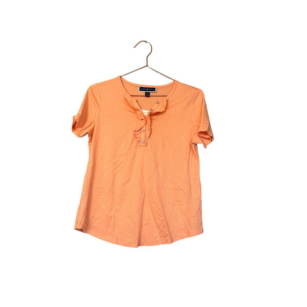 Karen Scott peach cream short sleeved ruffle front t shirt size petite small